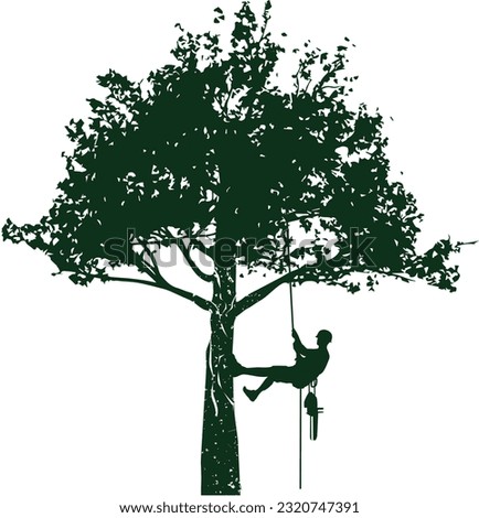 Hand drawn tree with a climber on a white background.Tree pruning. Vector.