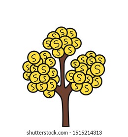 Hand drawn tree with coins isolated on a white. Color sketch of money tree. Vector illustration.