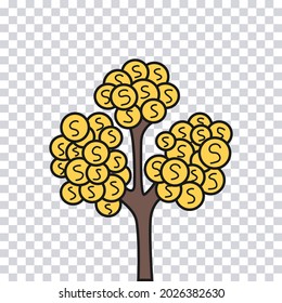 Hand drawn tree with coins isolated on transparent background. Color sketch of money tree. Vector illustration.