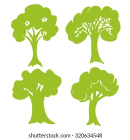 Hand drawn Tree collection. Set of green trees silhouettes isolated on white background. Vector