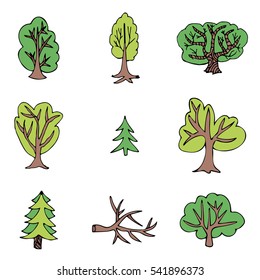 Hand drawn tree collection. Set of green trees silhouettes isolated on white background. Vector illustration.