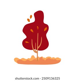 Hand drawn tree in dark red and orange with autumn leaves. Simple design. Flat vector illustration. Icon plant