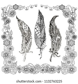 Hand drawn tree feathers in floral frame zentangle stylized monochrome stock vector illustration design element