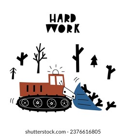 Hand drawn tree feller in cartoon style. Vector illustration with cute car for fabric, textile, postcard, apparel or kids room design, bag, cup or print. Premade card in Scandinavian style. 