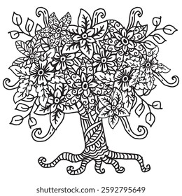 Hand drawn tree with flowers and leaves. Black and white vector illustration.
