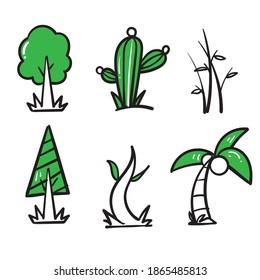 ilustración de colección de iconos de árbol dibujado a mano en el vector de estilo de doodle aislado