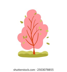 Hand drawn tree icon. Simple design with pink, green grass, and autumn leaves. Flat vector illustration. Spring theme.
