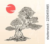 hand drawn tree illustration, in vector format, and japanese style