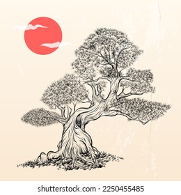 hand drawn tree illustration, in vector format, and japanese style