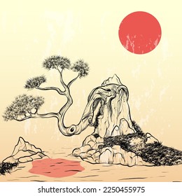 hand drawn tree illustration, in vector format, and japanese style