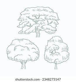 Hand drawn tree. Tree isolated on white background. Tree Sketch. vector illustration. Tree outline illustration. Trees line art drawing.