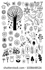 Hand drawn tree, leaves and flowers