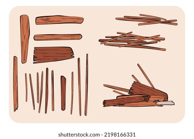 Handgezeichnetes Baumlog und Holzknüppel. Einzige Vektorgrafik-Illustration. Flaches Design mit Umriss.