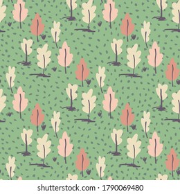 Hand drawn tree ornament seamless pattern. Simple forest elements in pink tones on green dotted background. Decorative print for wallpaper, wrapping paper, textile print, fabric. Vector illustration.