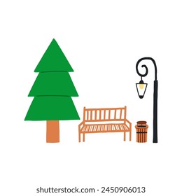 Hand Drawn Tree Park Bench and Lantern. Botanical Vector illustration