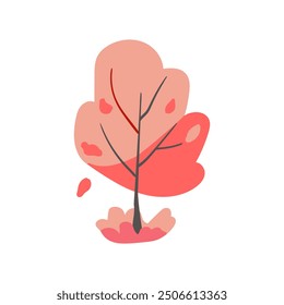 Hand drawn tree with pink and coral branches and grass. Simple design. Flat vector illustration. Icon plant