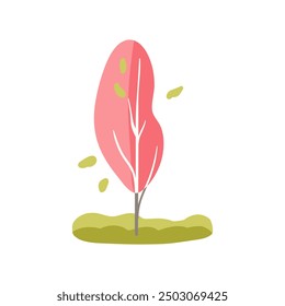 Hand drawn tree in pink and green leaves with autumn and spring themes. Simple design. Flat vector illustration. Birch. Icon.