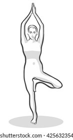 Hand Drawn Tree Pose Vrikshasana, Yoga Woman. Vector Outline Illustration.