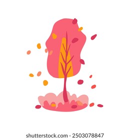  Hand drawn tree with red, pink, and orange colors. Autumn leaves. Simple design. Flat vector illustration. Spring theme. Icon.