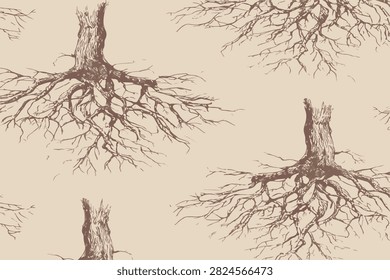 Hand drawn tree roots and branches arranged in a natural seamless pattern on a soft beige background