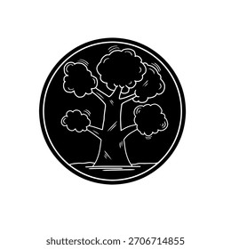 Silueta del árbol dibujado a mano en un Vector del logotipo del círculo