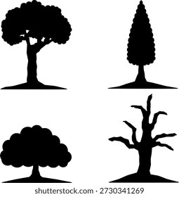 Conjunto de ícone de silhueta de árvore desenhada à mão. Quatro diferentes formas de árvore em preto, adequado para o design da natureza, logotipo e conceito de paisagem. Ilustração vetorial.