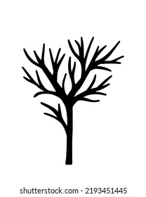 Hand drawn tree silhouette isolated. Black doodle tree illustration.