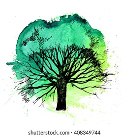 Silueta de árbol dibujado a mano sobre fondo blanco