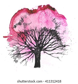 Hand drawn tree silhouette on white background