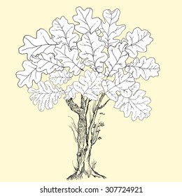 Hand drawn tree silhouette and stump on white background