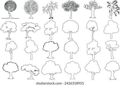 hand drawn tree sketches, line art, nature, outdoors. Variety of species, shapes, design elements for educational materials, artwork