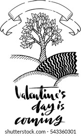 Hand drawn tree with st. Valentine lettering. Vector grunge illustration