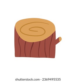 Trozo de árbol dibujado a mano, ilustración vectorial plana de dibujos animados aislada en fondo blanco. Sencillo dibujo infantil de la naturaleza y elementos forestales. Traje de madera.