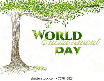 hand drawn tree with text world environment day. Vector isolated illustration. Earth day. World environment day. Oak, ash, maple.
