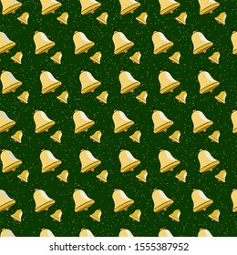 Hand drawn tree toy bell. Merry christmas seamless pattern with golden sparkle. Wrapping paper, cover, print