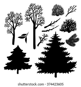 Hand drawn trees, branches, leaves. Vector set collection doodle elements for design.