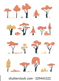 Hand drawn trees and bushes collection. Childish design.
