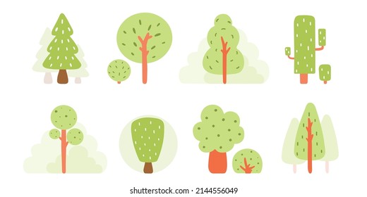 Hand drawn trees and bushes set. Flat forest tree nature plant isolated eco foliage