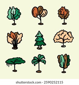 Hand drawn trees doodle set. Various kinds of handmade drawing objects about tree.