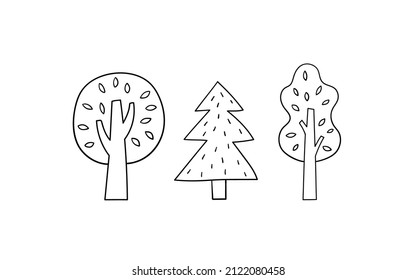 Hand drawn trees. Doodle sketch style. Outline vector illustration.