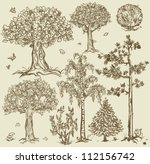 Hand drawn trees isolated, sketch, vintage style trees set