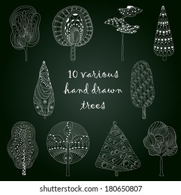 Hand drawn trees isolated, sketch, doodle style trees set