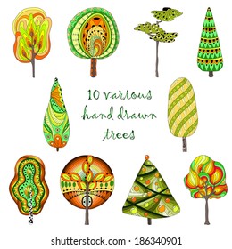 Hand drawn trees isolated, sketch, doodle style trees set
