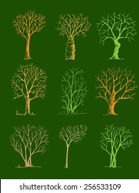 Hand drawn trees isolated, sketch, vintage style trees set on green background