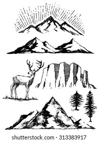 Hand drawn trees mountains animal vector illustrations