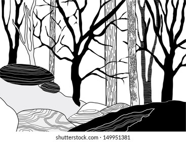 Hand Drawn Trees on the Top of the Rocky Hill