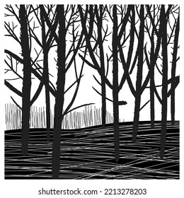 Hand drawn trees panoramic landscape, sketch, silhouette, black and white vector illustration.