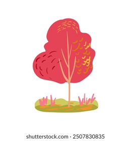 Hand drawn trees with pink, coral, red, and yellow branches and falling leaves. Simple design. Flat vector illustration. Icon