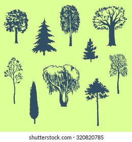Hand drawn trees set. Vector illustration. 