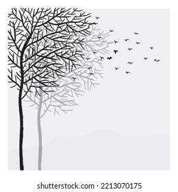 Handgezeichnete Bäume Skizze Landschaft schwarz-weiß Vektorgrafik.